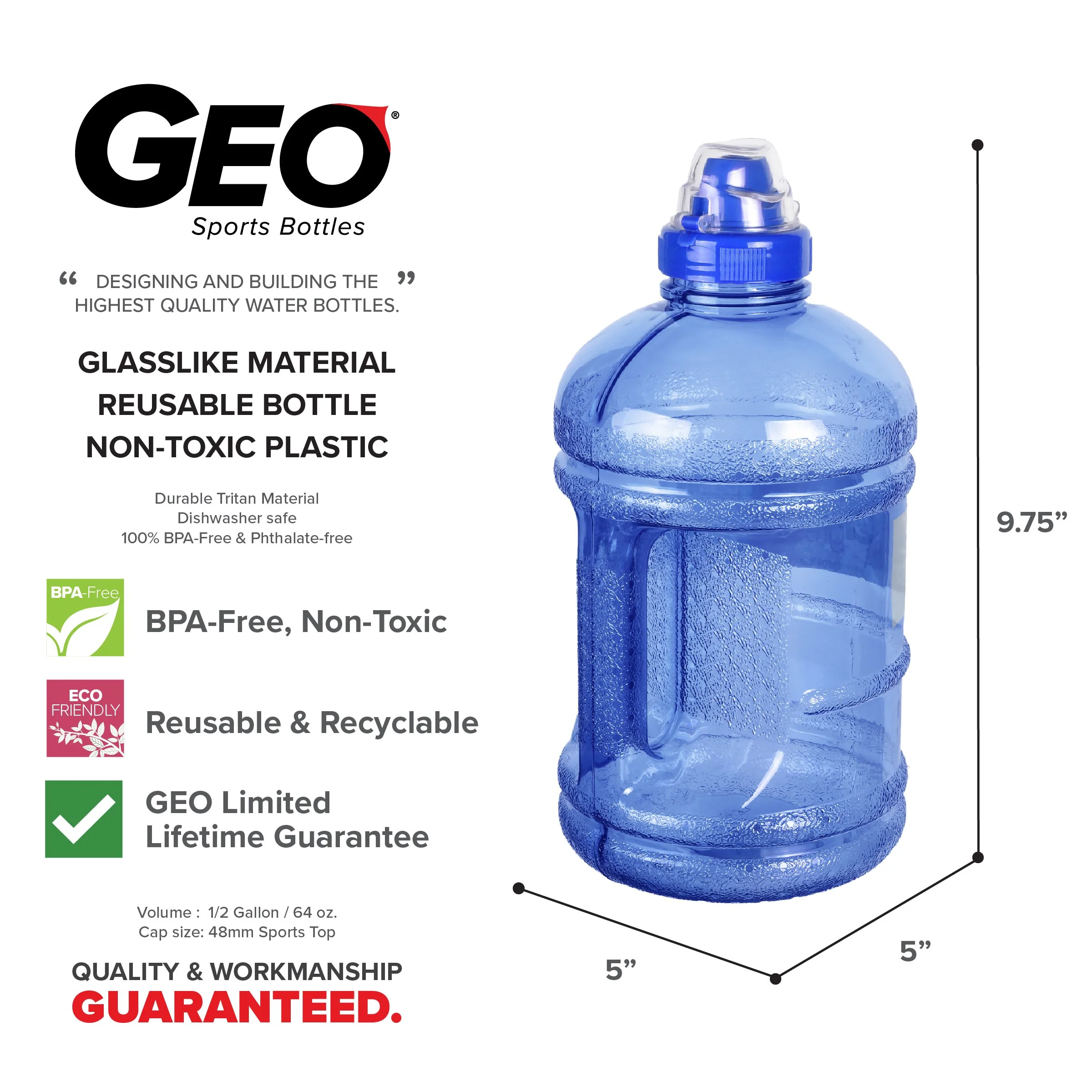 GEO 1/2 Gallon BPA-Free Plastic Water Bottle w/ Sports Cap - Blue - Image 4