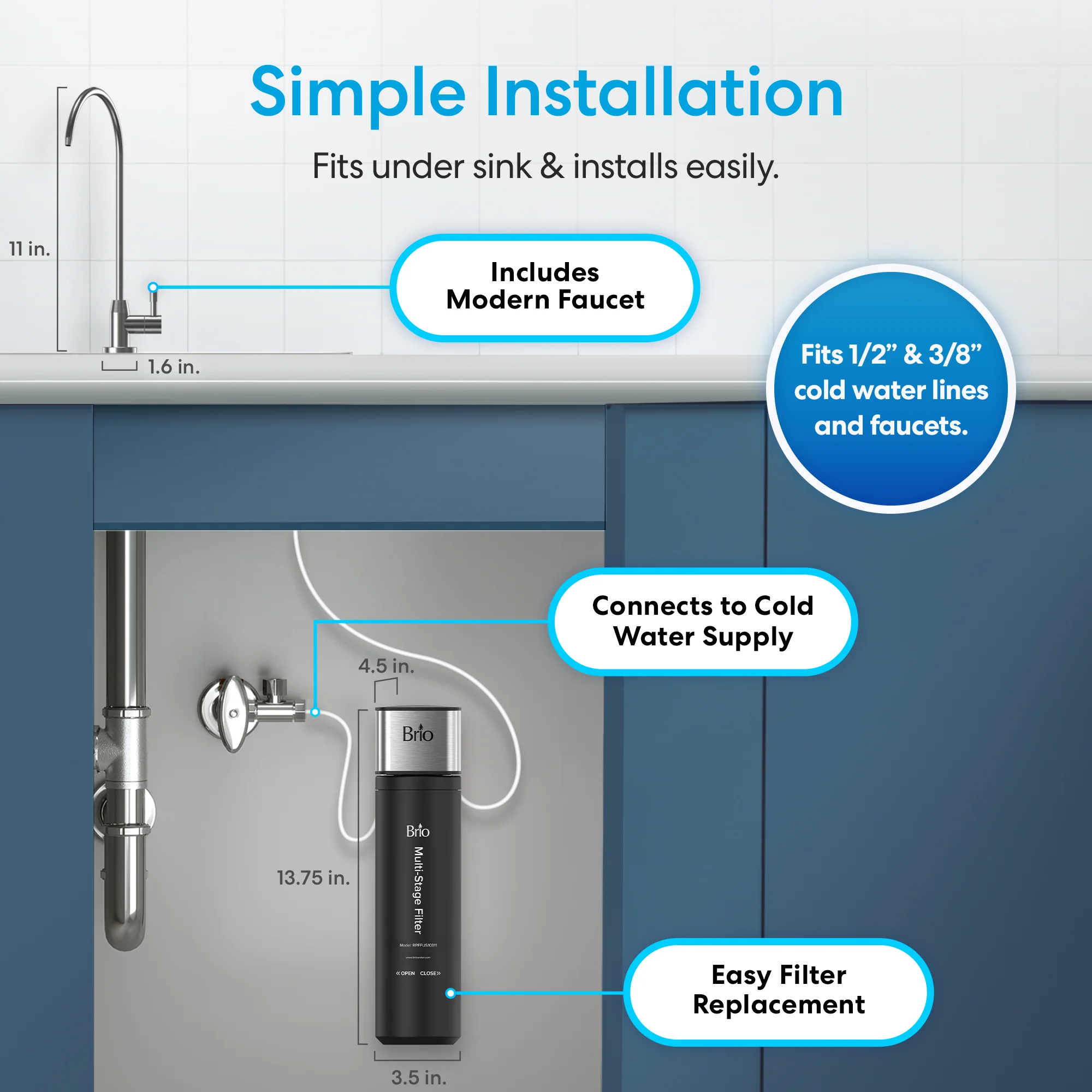 11" All-in-One 3-Stage Under Sink Water Filter & Faucet - Image 4