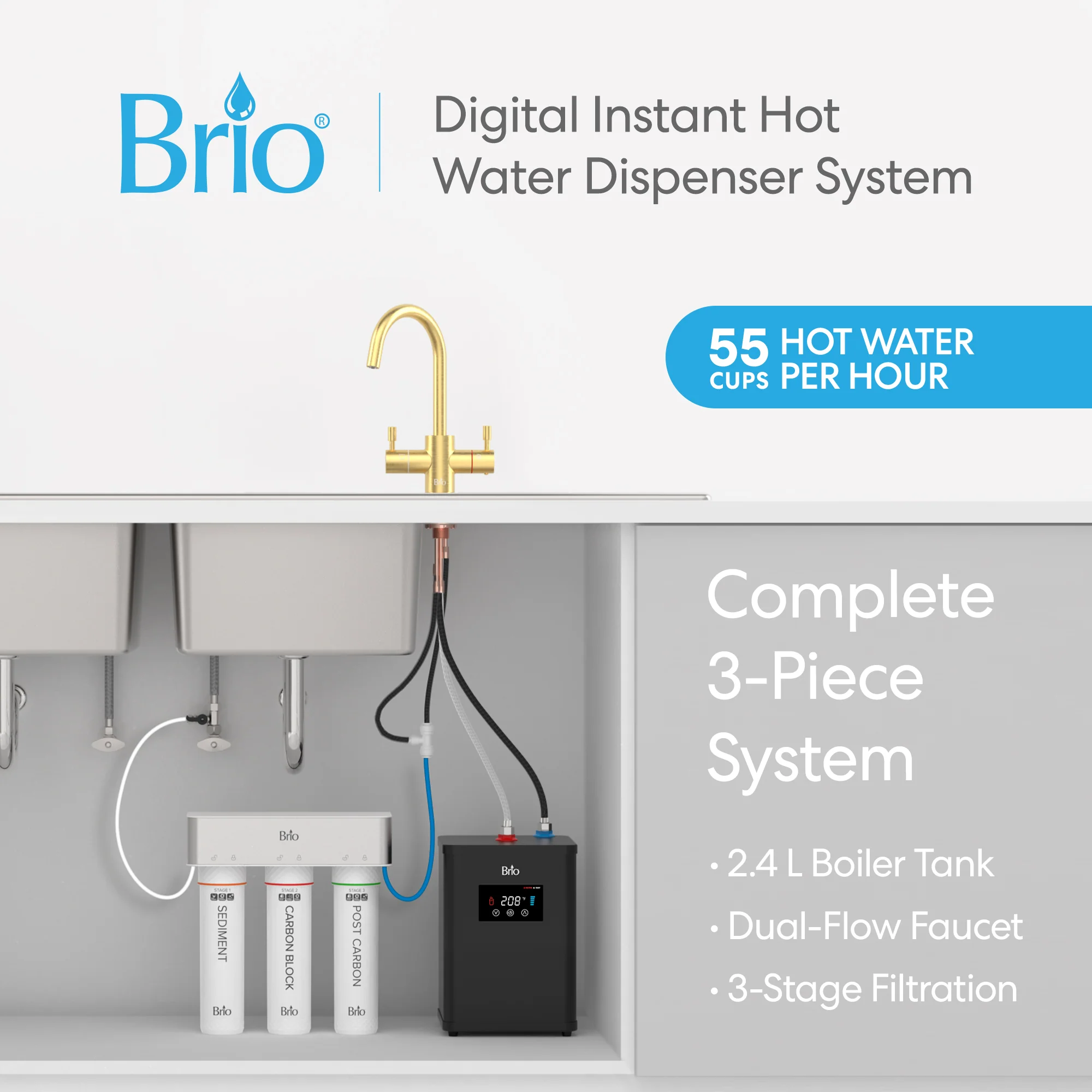 Brio 3-Stage Digital Instant Hot Water Undersink Dispenser System -  Brushed Gold - Image 2