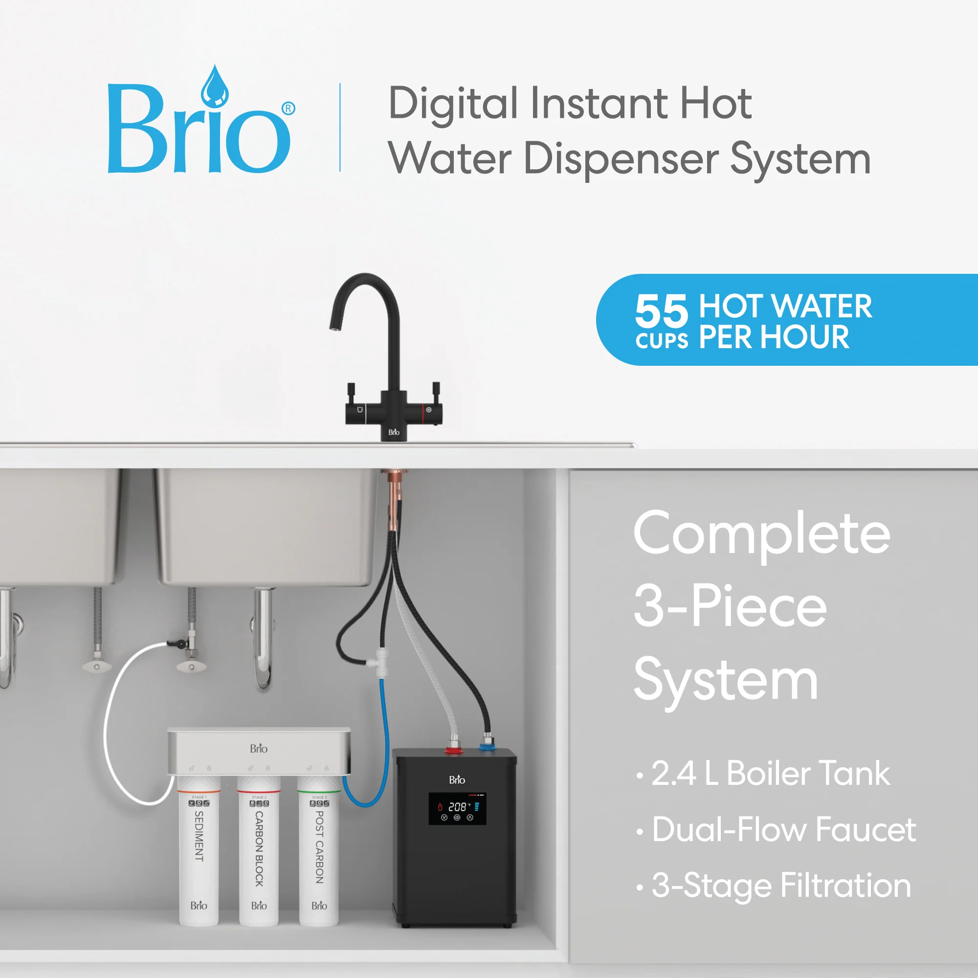 Brio 3-Stage Digital Instant Hot Water Undersink Dispenser System - Matte Black - Image 2