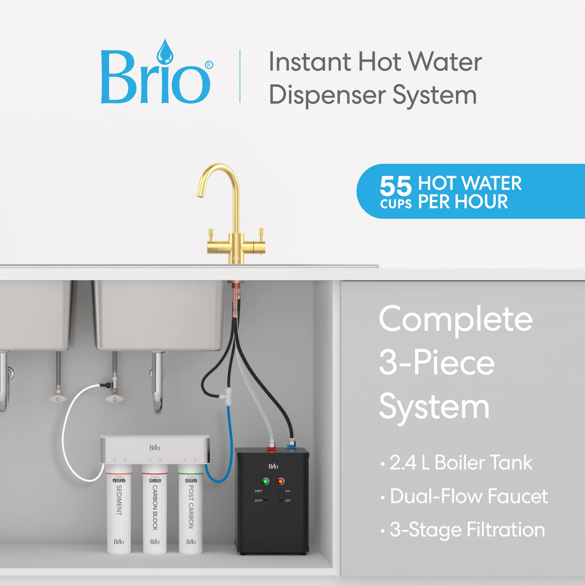 Brio 3-Stage Instant Hot Water Undersink Dispenser System - Brushed Gold - Image 2