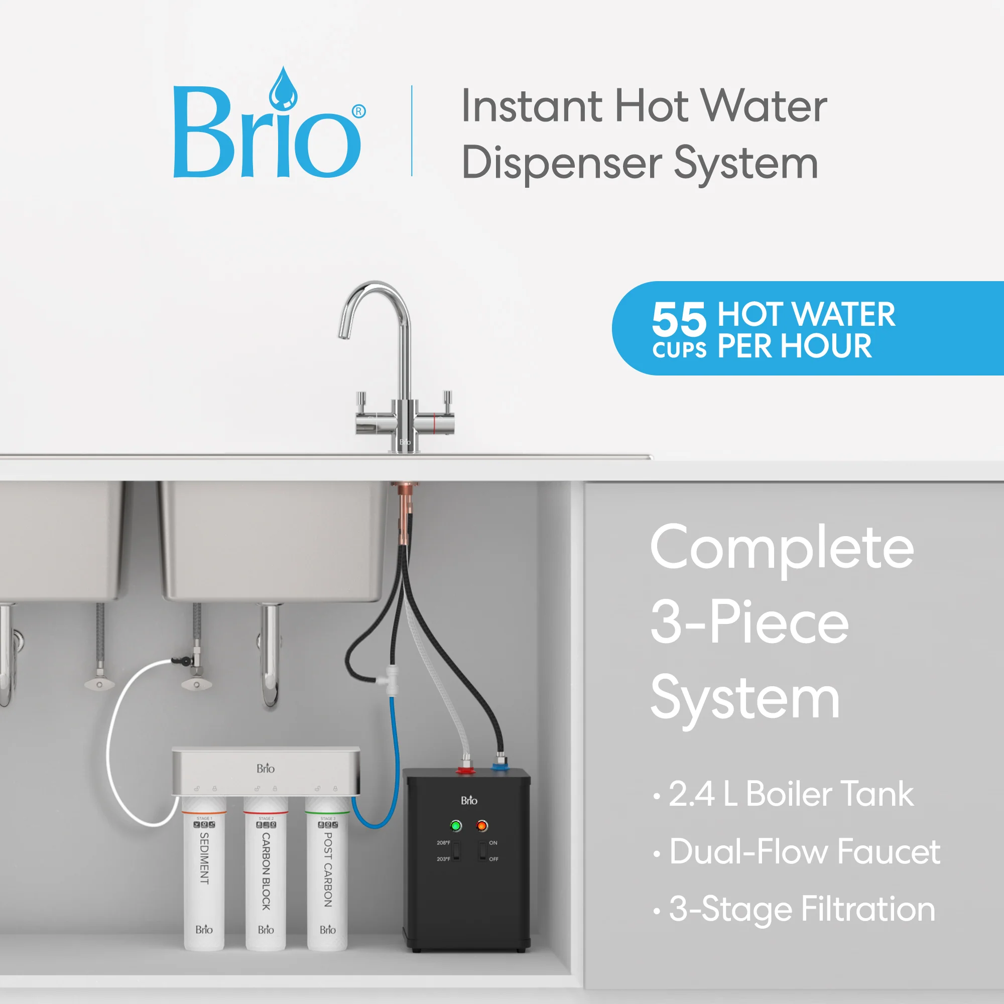 Brio 3-Stage Instant Hot Water Undersink Dispenser System - Chrome Plated - Image 2