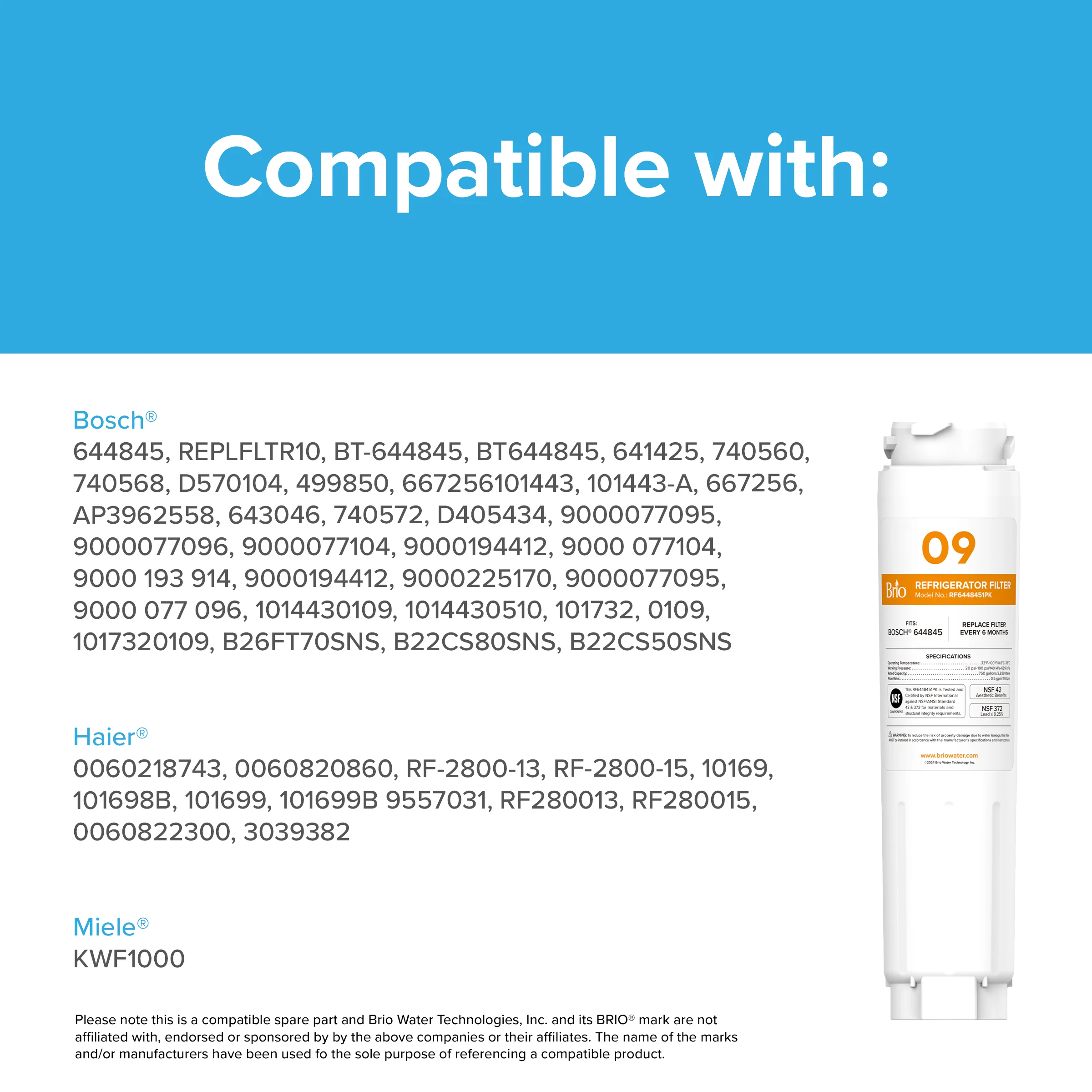 Brio 644845 Refrigerator Filter - Bosch® 644845, Haier® 0060218743, Miele® KWF1000 - Image 6