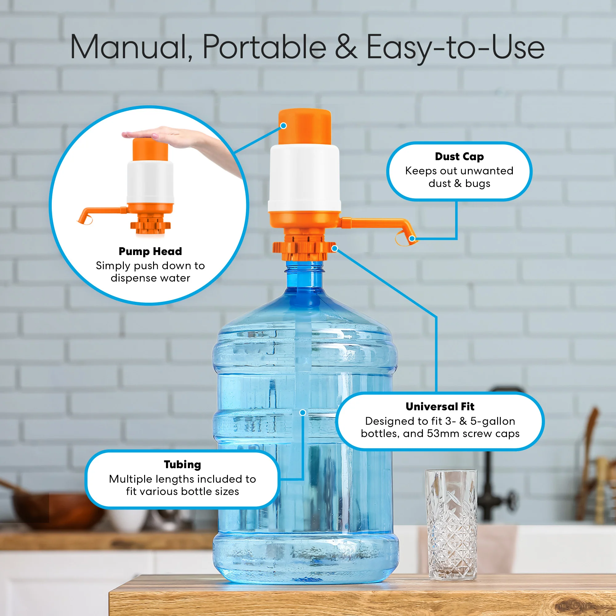Brio Manual Water Bottle Pump - Orange & White - Image 6