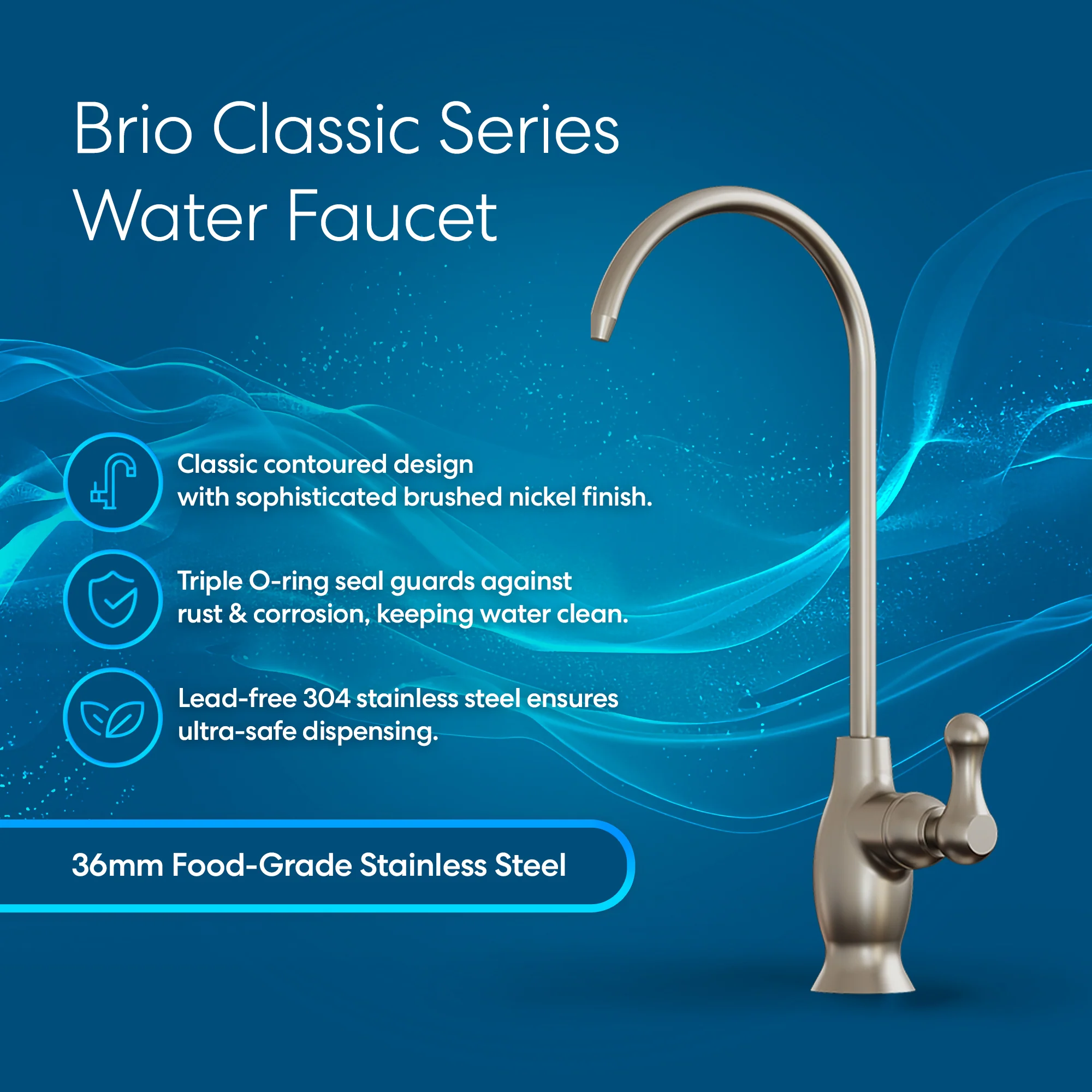 Brio Curvy Classic Series Water Faucet-Brushed Nickel - Image 2