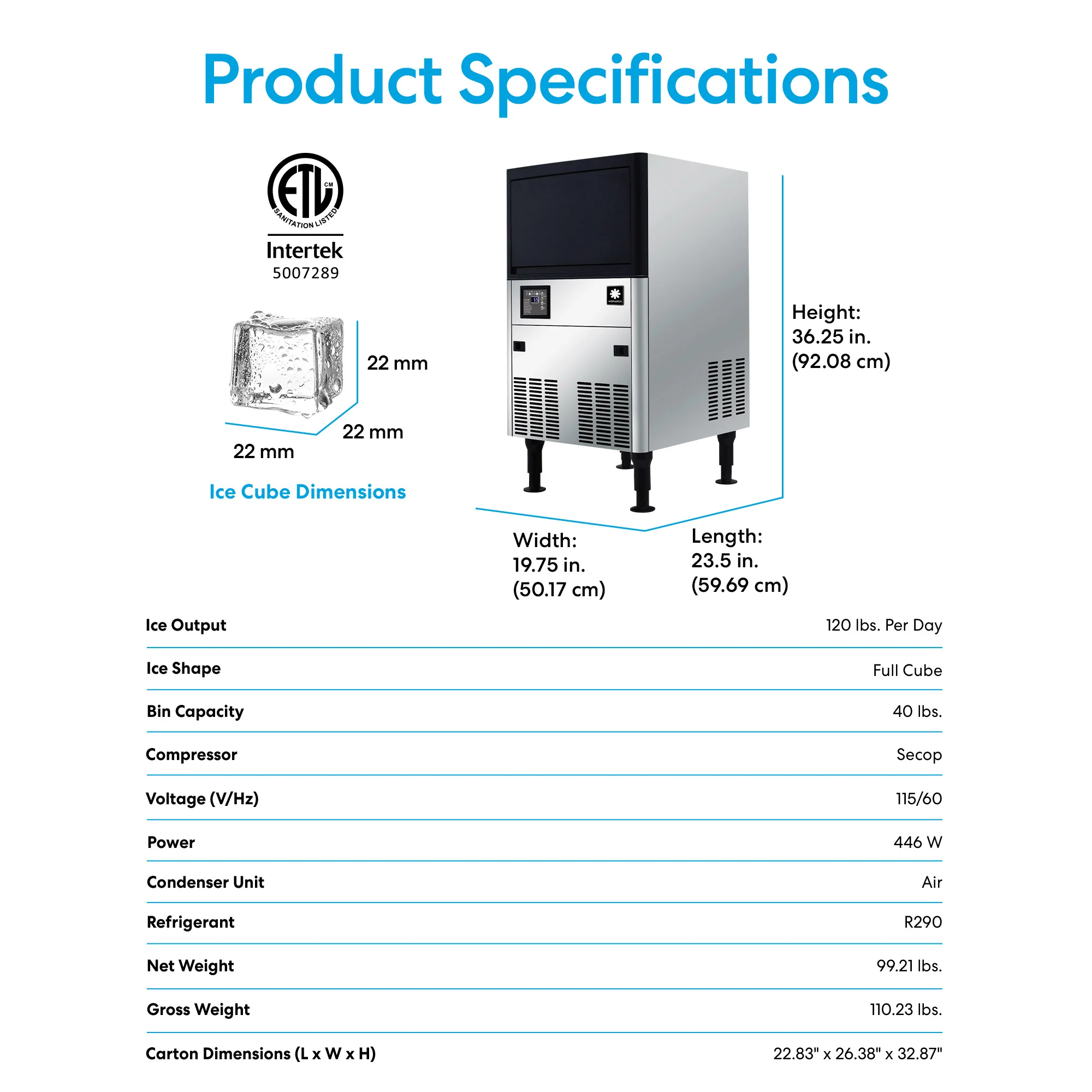 Monarch 120 lb. Capacity Ice Machine with 40 lb. Storage Bin - Image 9