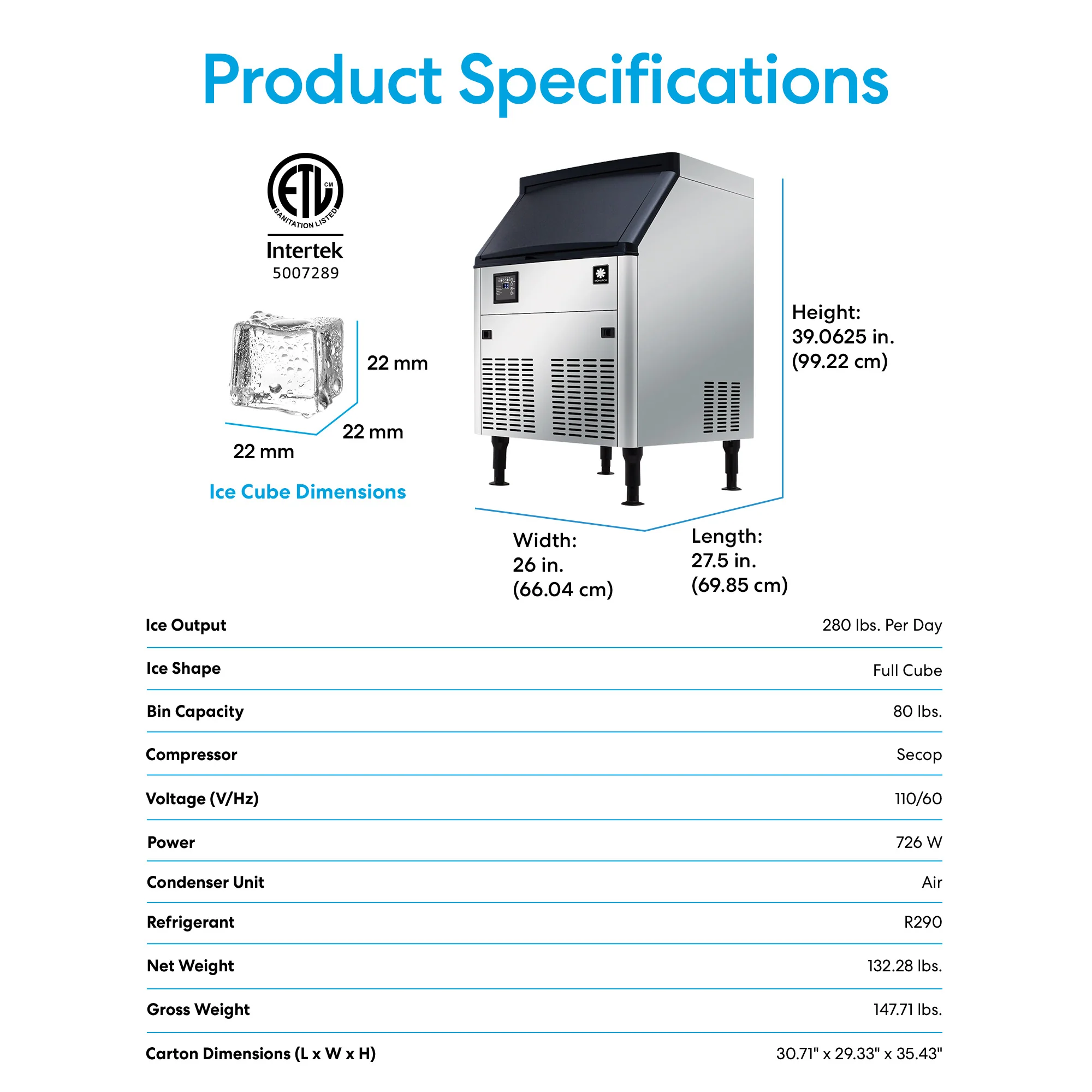 Monarch 280 lb. Capacity Ice Machine with 80 lb. Storage Bin - Image 9