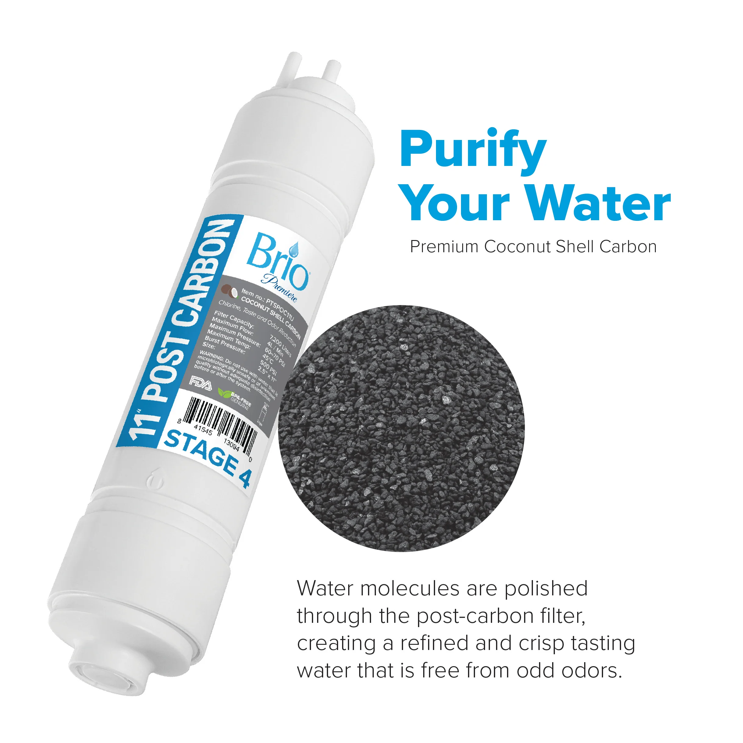 Brio Premiere 5 Micron Inline U-Type Coconut Shell G.A.C Filter, 11" - Image 2