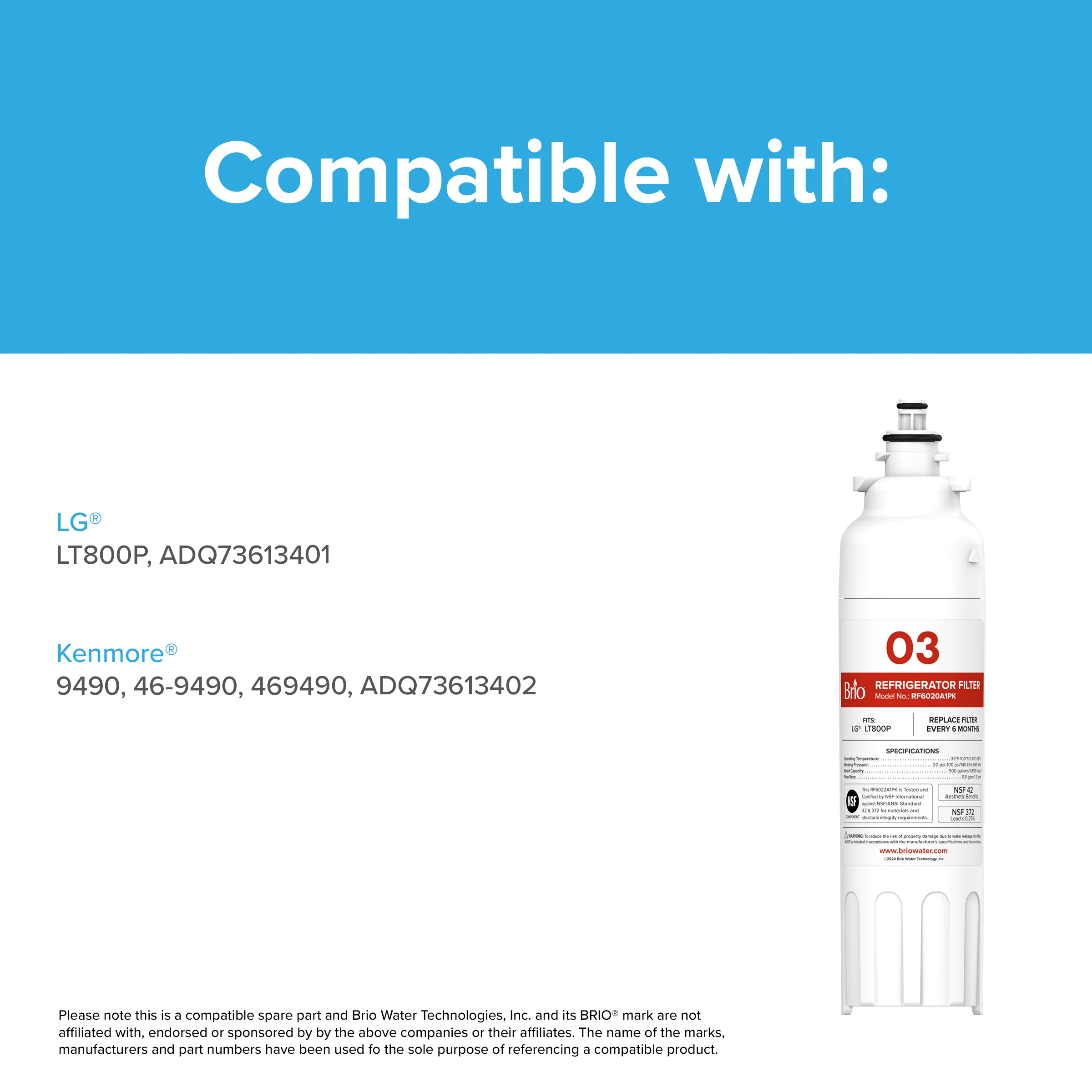 Brio 6020A Refrigerator Filter – LG LT800P, ADQ73613401, Kenmore 9490, 46-9490, ADQ73613402 - Image 6