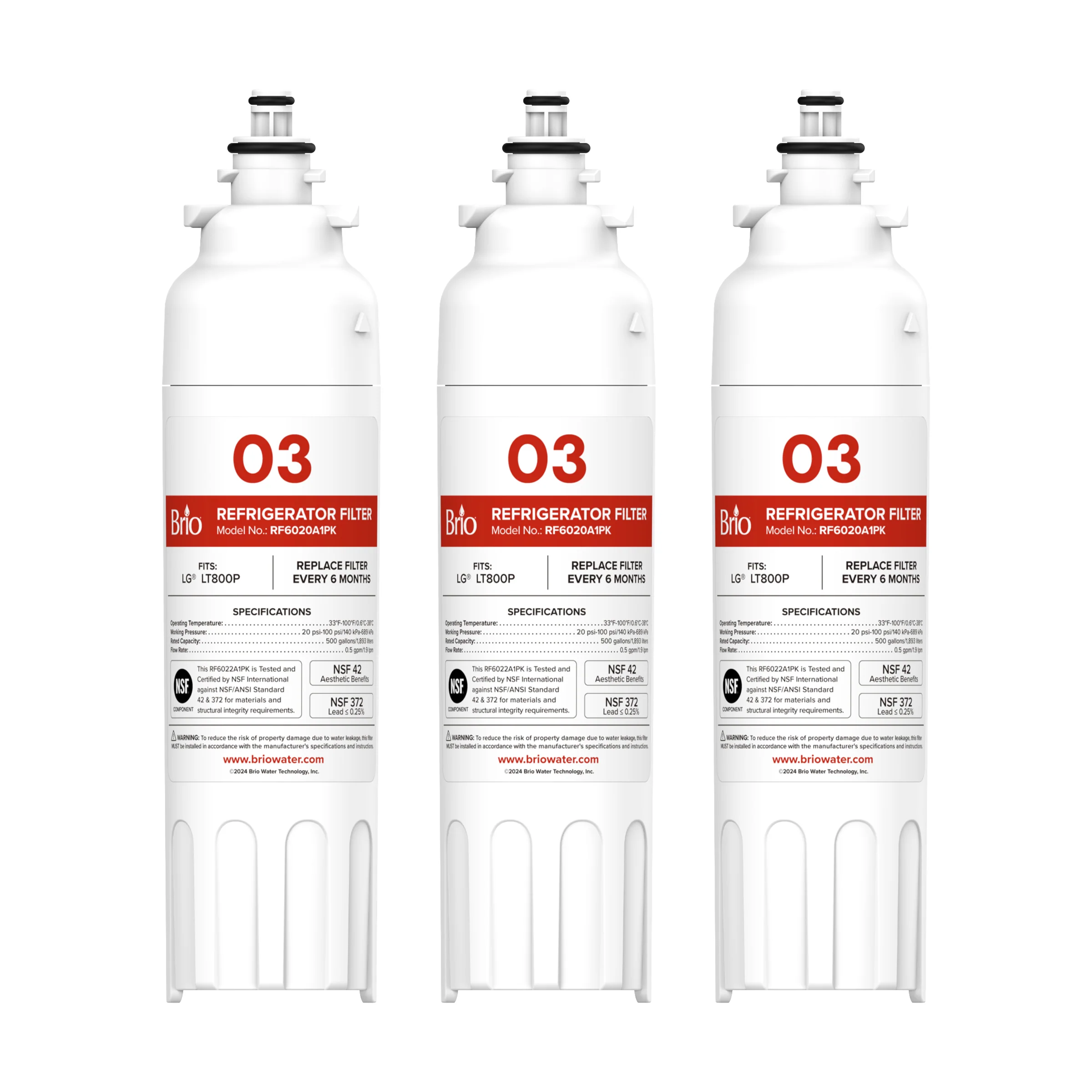 Brio 602OA Refrigerator Filters (3-Pack) - LG LT800P, ADQ73613401, Kenmore 9490, 46-9490, 469490