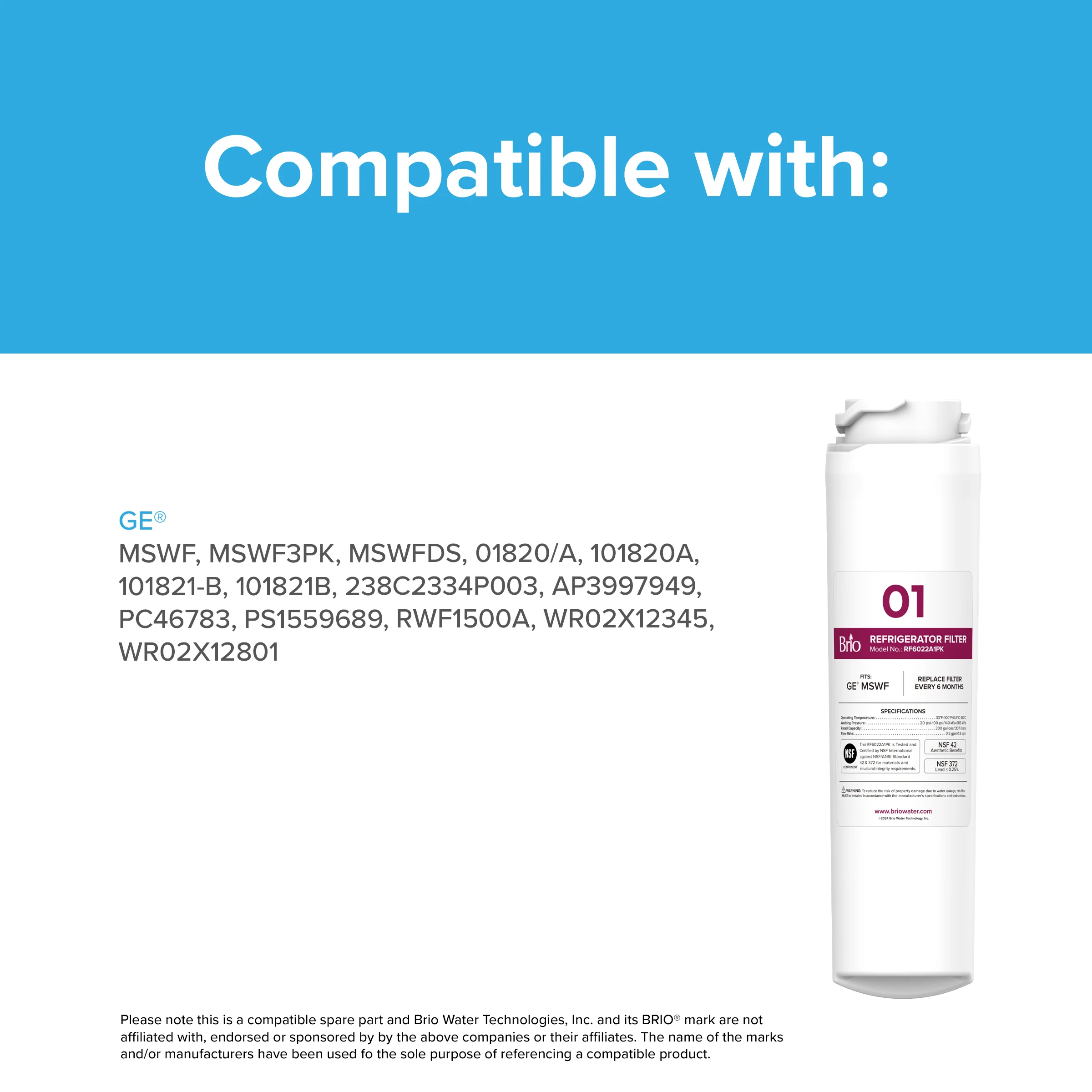 Brio 6022A Refrigerator Filter - GE MSWF, 101820A, 101821B, RWF1500A - Image 6