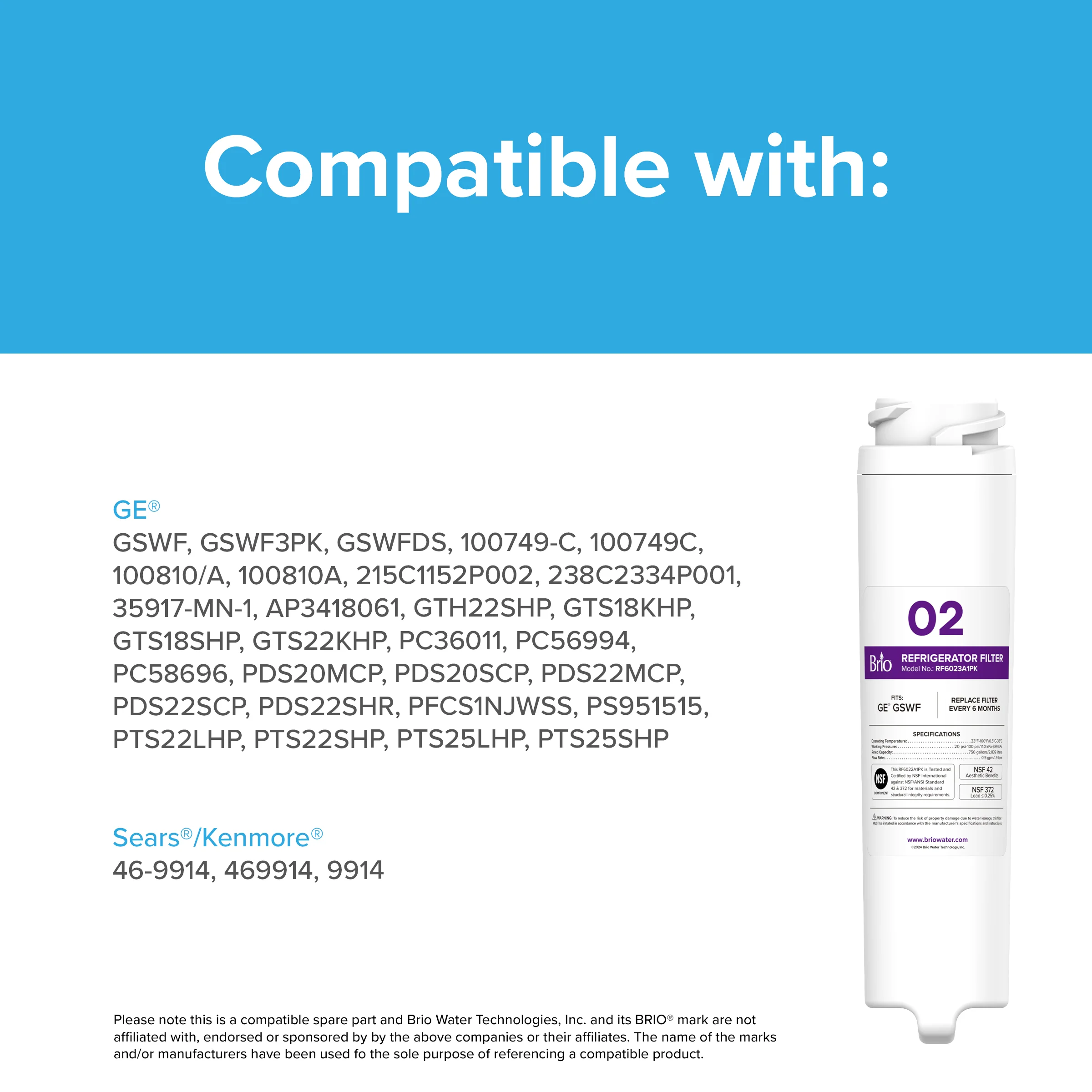 Brio 6023A Refrigerator Filter - GE GSWF, GSWF3PK, GSWFDS, 100749-C, 100749C, 100810/A, 100810A - Image 6